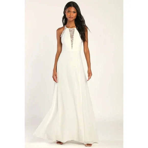 Lulus | Dresses | Lulus Romantic Mood White Lace Sleeveless Maxi Dress Size  Medium Chiffon Formal | Poshmark